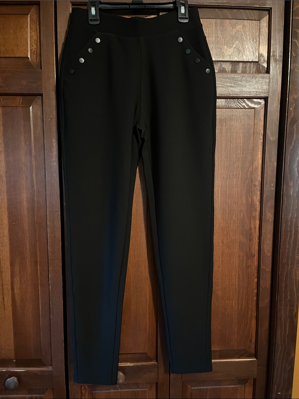 Black Slim Ponte Pants with Button-Trim Pockets